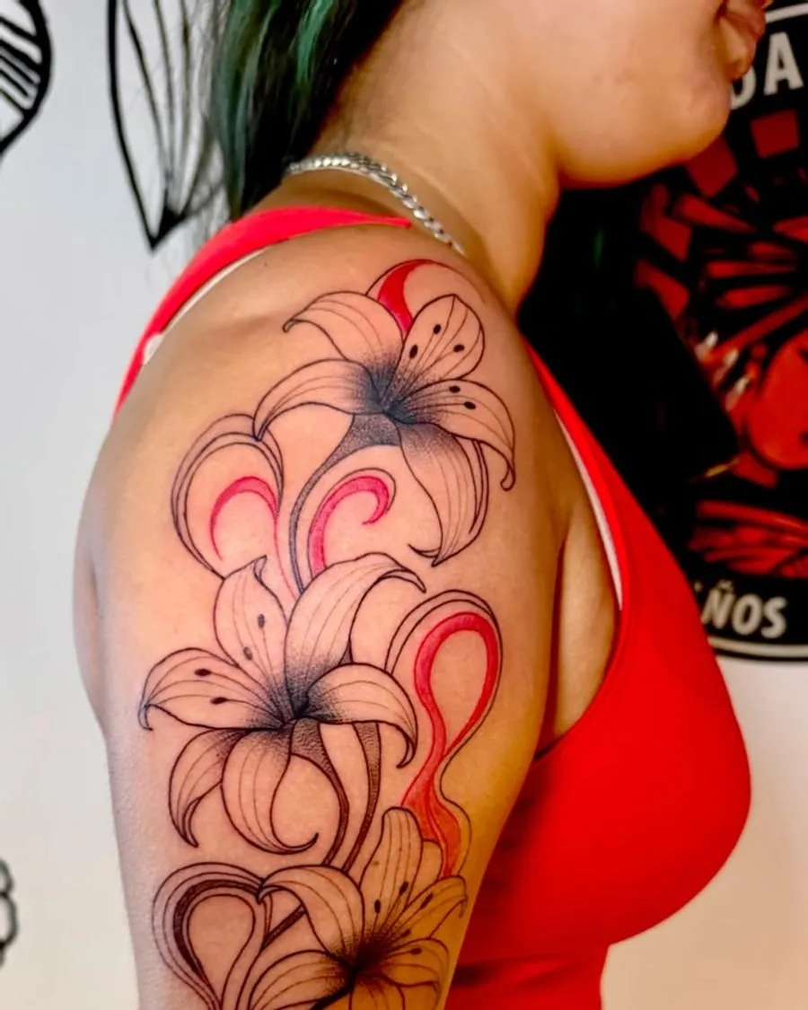 Lirios en línea fina con acentos rojos